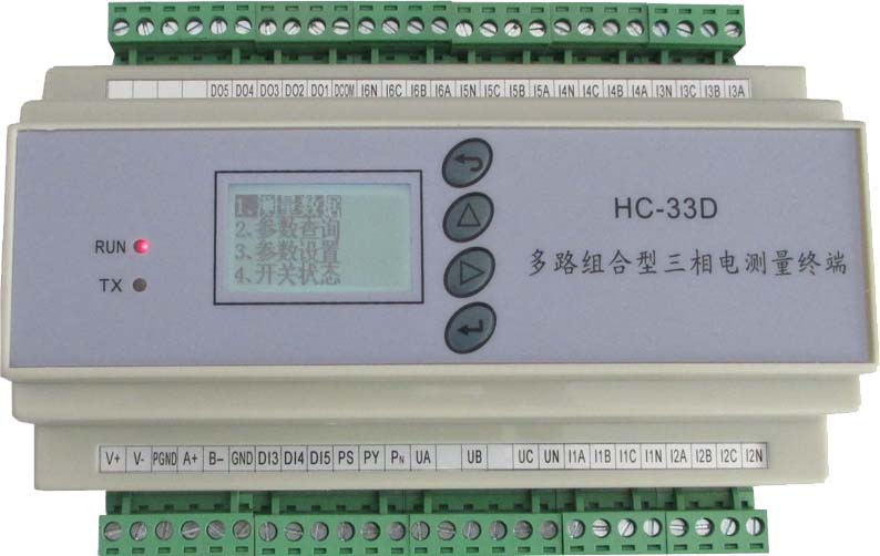 1.1, 简介 HC-33D6L多路组合型三相电测量终端是高度集成化的针对多路三相电量集中监测的产品,1台终端可以同时测量3-6路独立的三相设备用电情况。 每路设备的三相电流采用外置互感器独立接入,采用三表法准确测量三相交流电压,三相电流(真有效值测量),总有功功率,无功功率,功率因数,各单相功率,频率,总有功电度,无功电度,(可配选项具有5路开关量输入监测开关状态,5路继电器输出控制;)并具备RS-485通讯接口,可选的LCD中文液晶显示。 HC-33D6L的3-6路输入电流采用分时切换循环测量方式,约