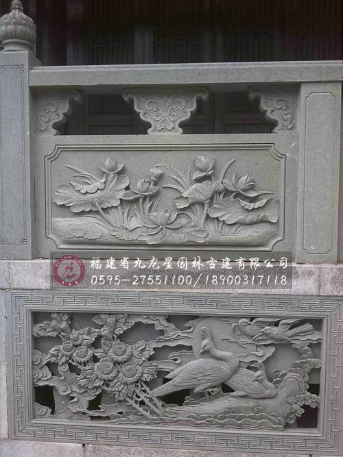 寺庙青石栏杆雕刻花鸟图案中式古典石栏杆