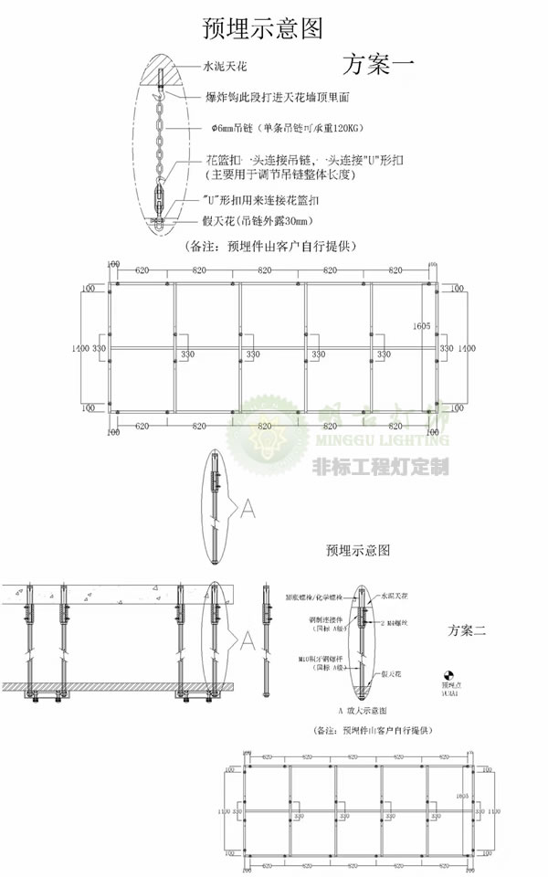 较大,预埋时根据水晶灯的重量确定吊钩的大小(钢筋型号)及锚固方式