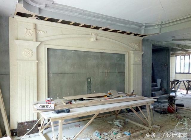 罗马柱电视和沙发背景墙完工前后照片, 材料人工22000